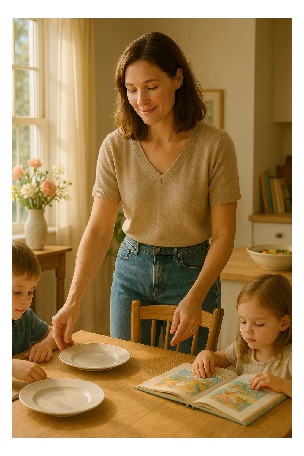 "Donna tra i 30 e i 40 anni, all’interno della sua casa luminosa, mentre prepara la tavola o accudisce i figli con un’espressione dolce e serena. Indossa abiti semplici e curati, simbolo di cura e presenza. Sullo sfondo si vedono dettagli di una casa armoniosa: fiori freschi, libri per bambini, un pranzo in preparazione. La scena trasmette calore, dedizione e stabilità familiare. Elementi visivi di supporto: luce solare che entra dalla finestra, atmosfera calda e rassicurante. Stile realistico con toni caldi e tenui sticker