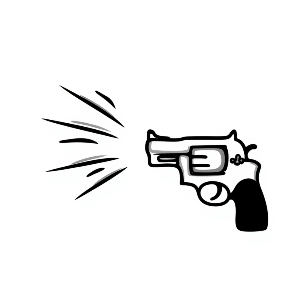 Hand-drawn gun firing with action lines and smoke sticker