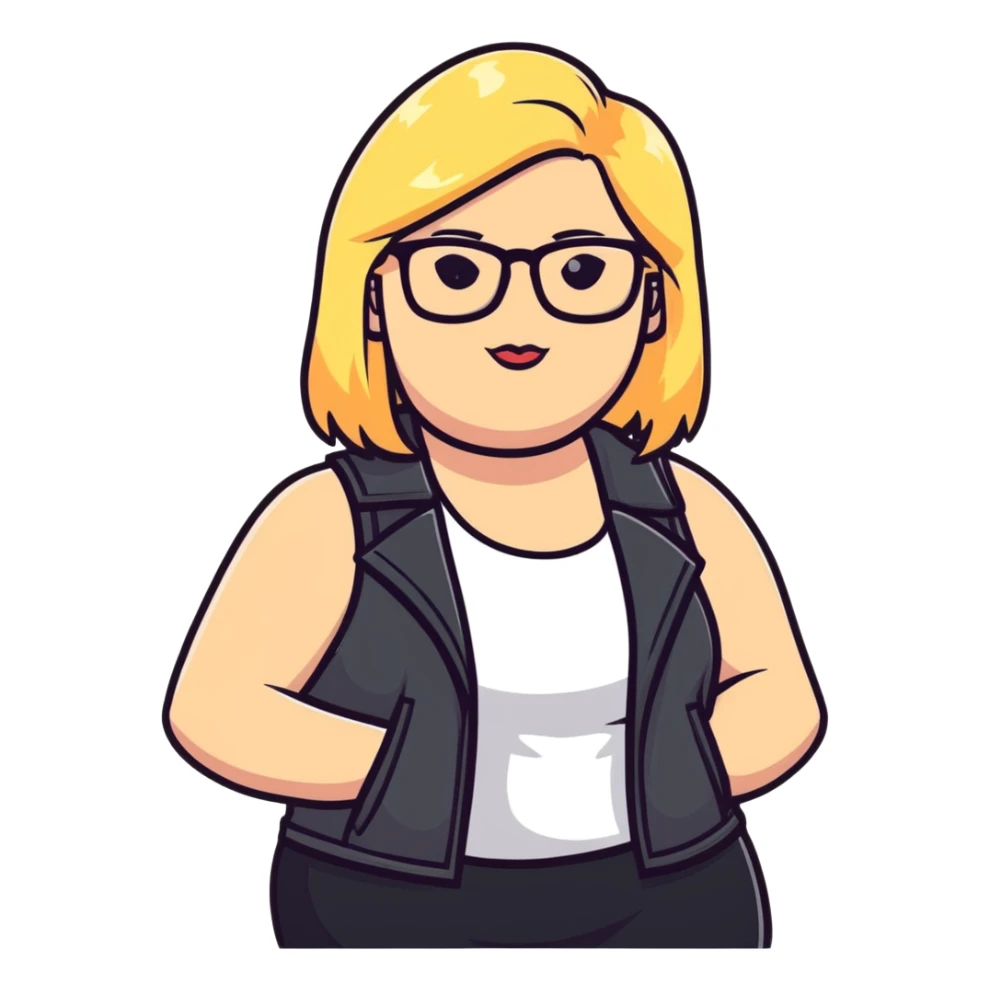 Plus size blonde person with glasses wearing a stylish vest sticker