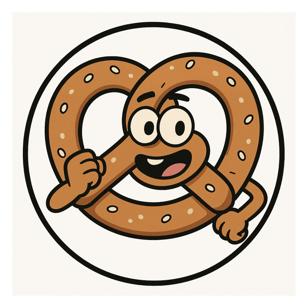 little alchemy style icon
subject: pretzel
border: medium-black
shape: round, circular
background: white
style: full color fill with medium black outlining sticker