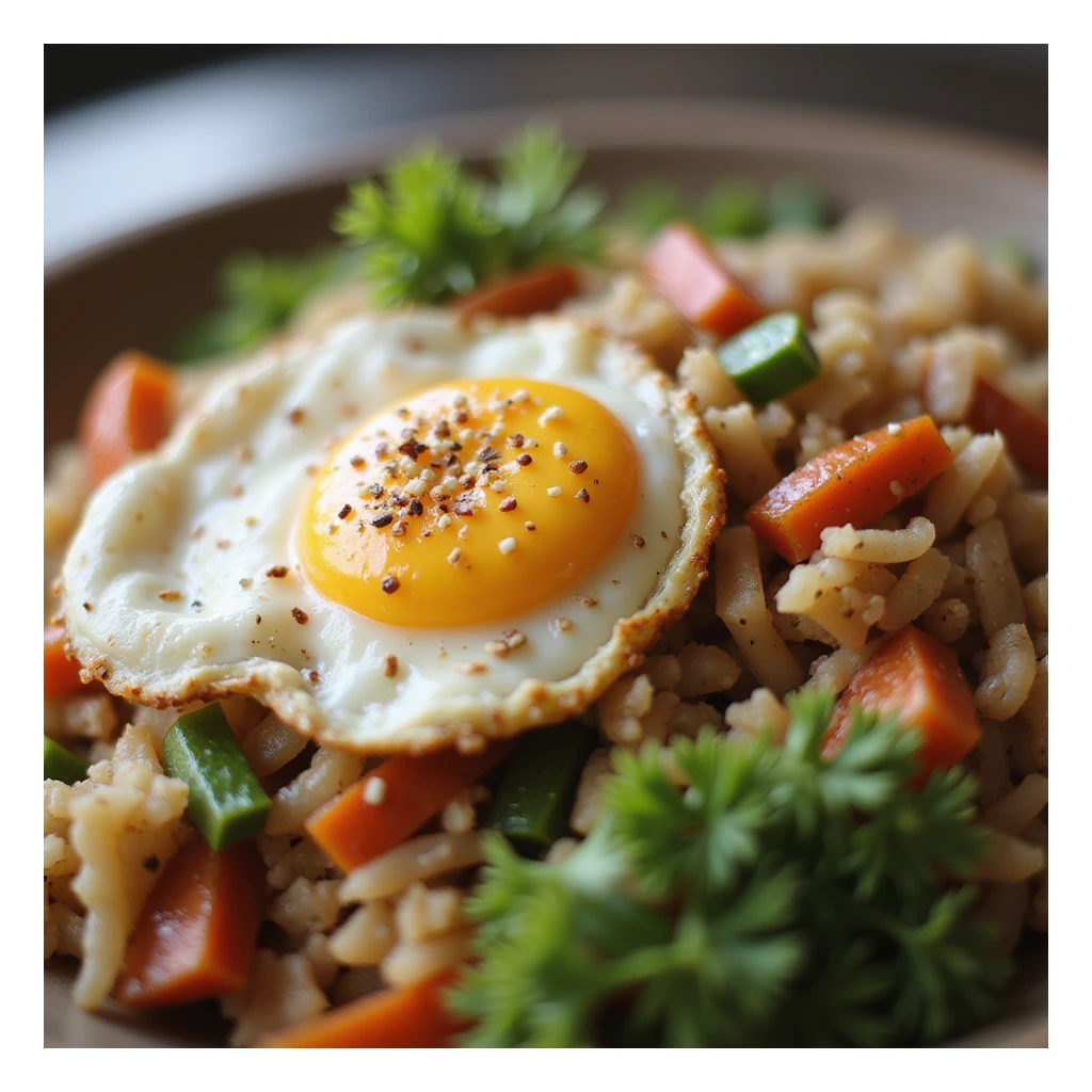 fried rice, close-up, with vegetables and egg, realistic style sticker