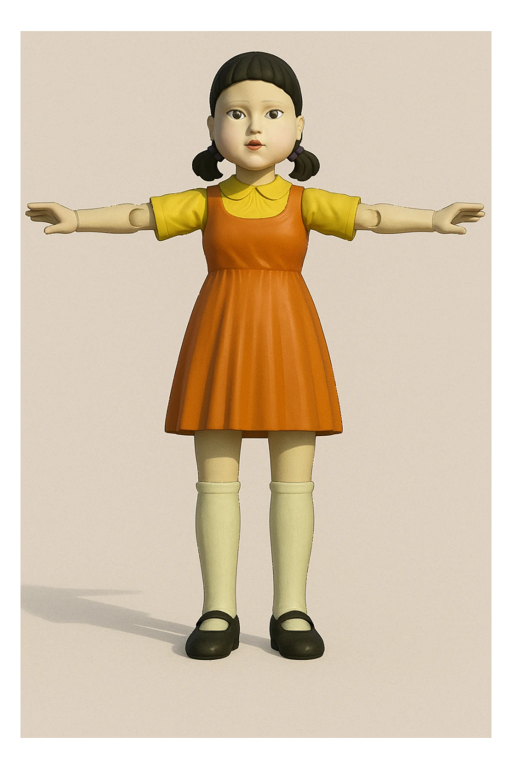 Red Light Green Light doll from Squid Game, full body, arms outstretched, simple background sticker