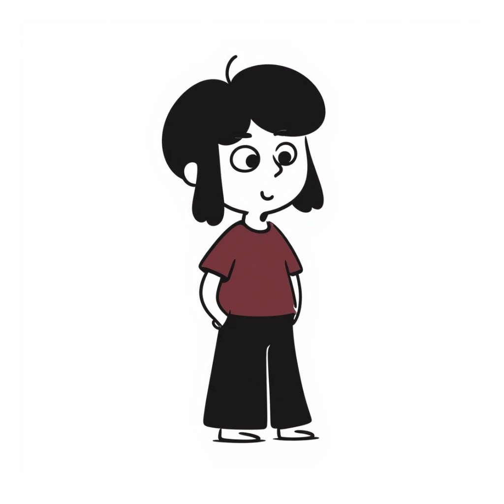 A boy with bangs covering his eyes, long hair sticking out at the back, and long side locks. He has brown eyes and dark brown hair, and is wearing a maroon t-shirt. sticker