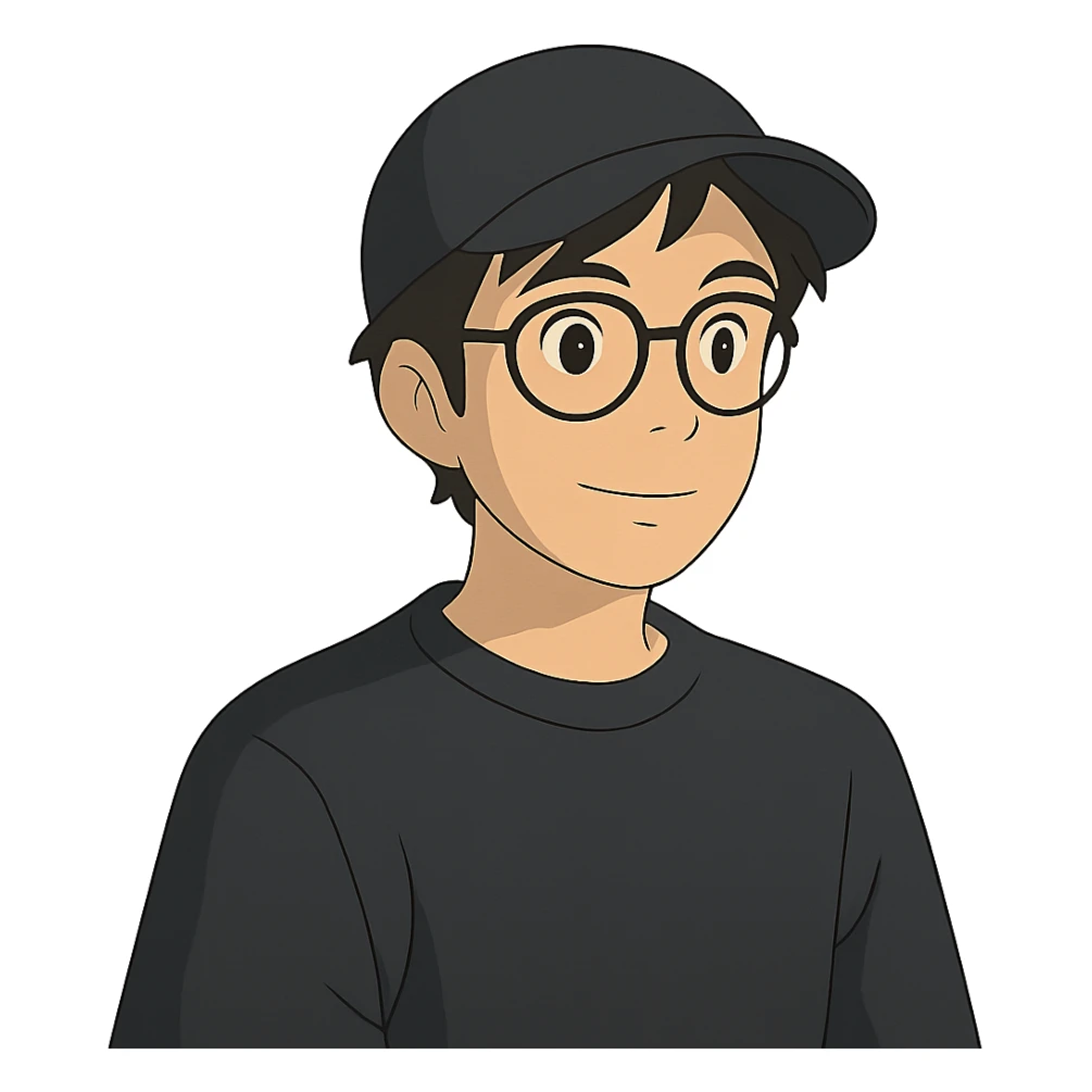 ghibli style guy in glasses and a black cap sticker