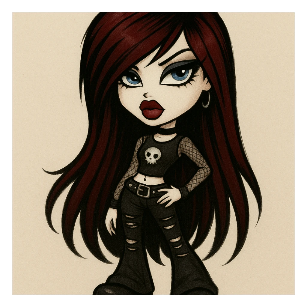 A Bratz-inspired character with long dark red emo hair, pale skin, blue eyes, heavy black eyeliner, and a bold, pretty attitude. sticker