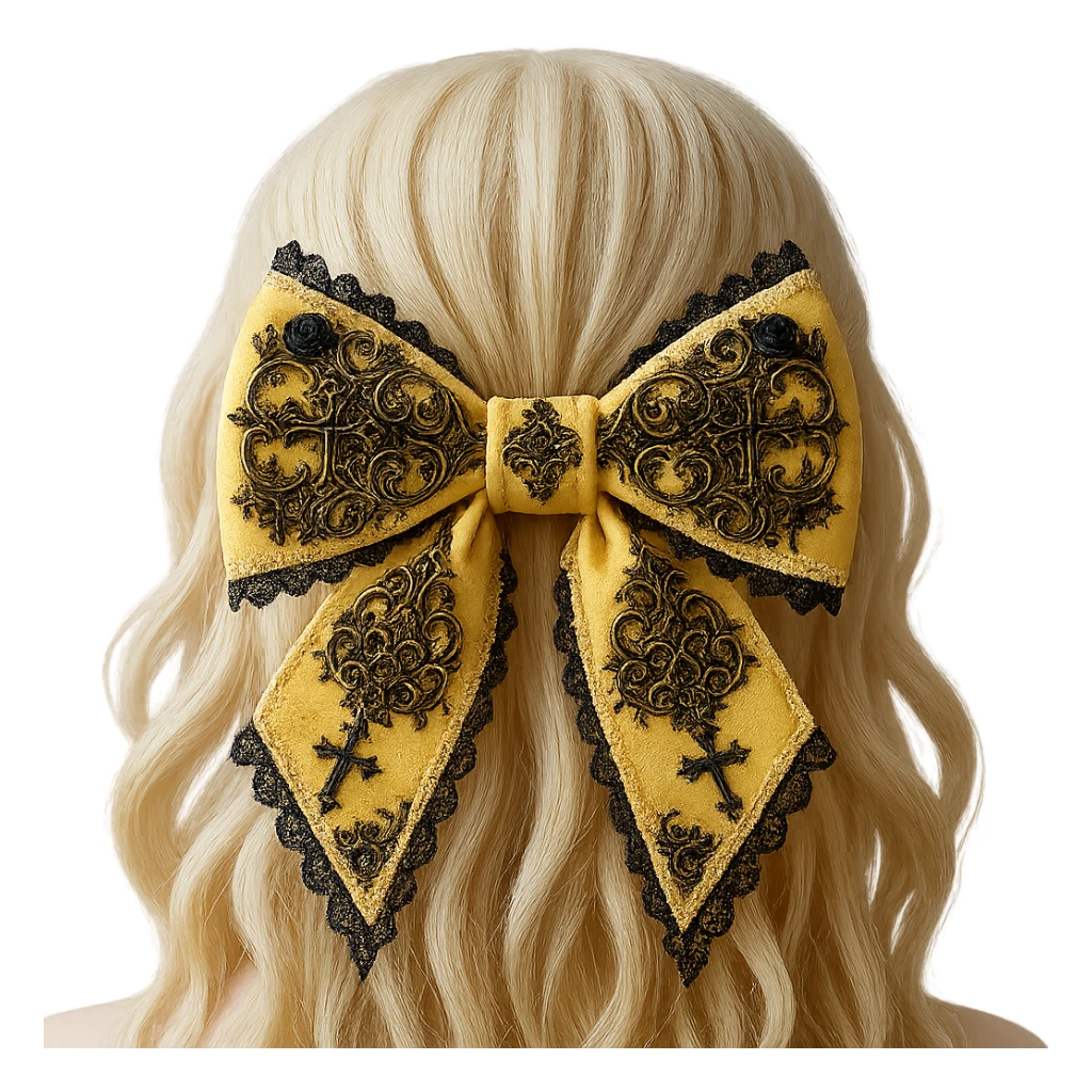 Add more gothic details such as ornate filigree, small black roses, and subtle cross motifs to the pastel yellow gothic bow and matching hair comb. Keep lace and velvet details. Photorealistic style. Keep background transparent if possible. sticker