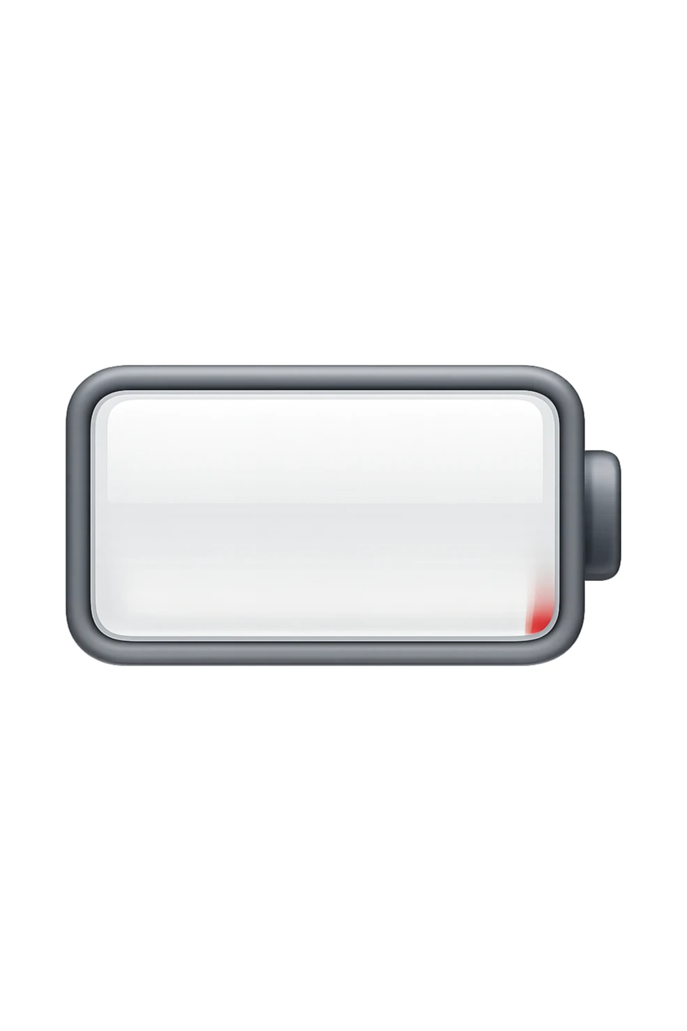 iPhone-style emoji of a battery that is almost empty, with a small red bar at the end indicating low energy. Clean, minimal, glossy look, transparent background. sticker