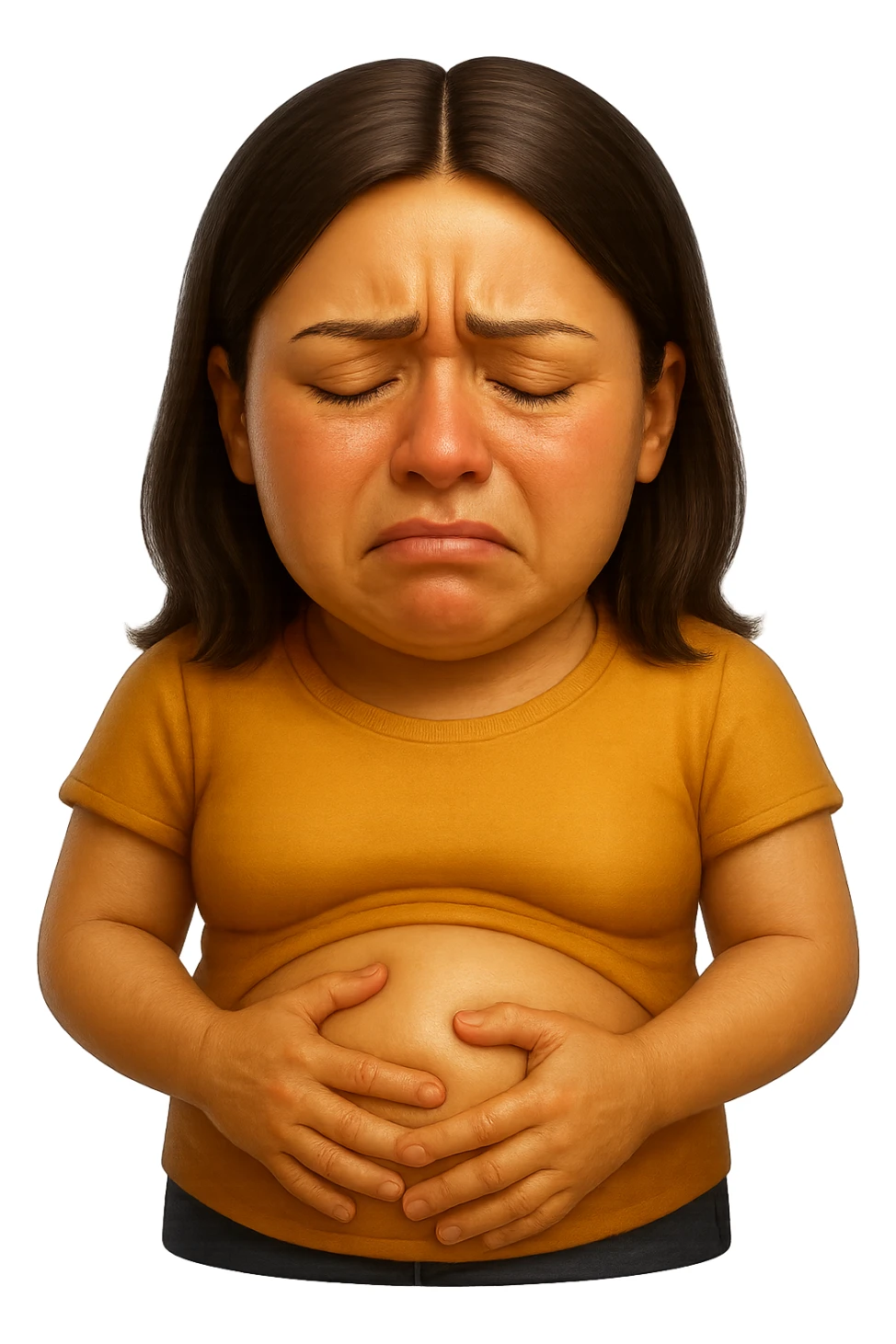emoji stile iphone di donna con mal di pancia e pancia gonfia, iperrealistico 4k sticker