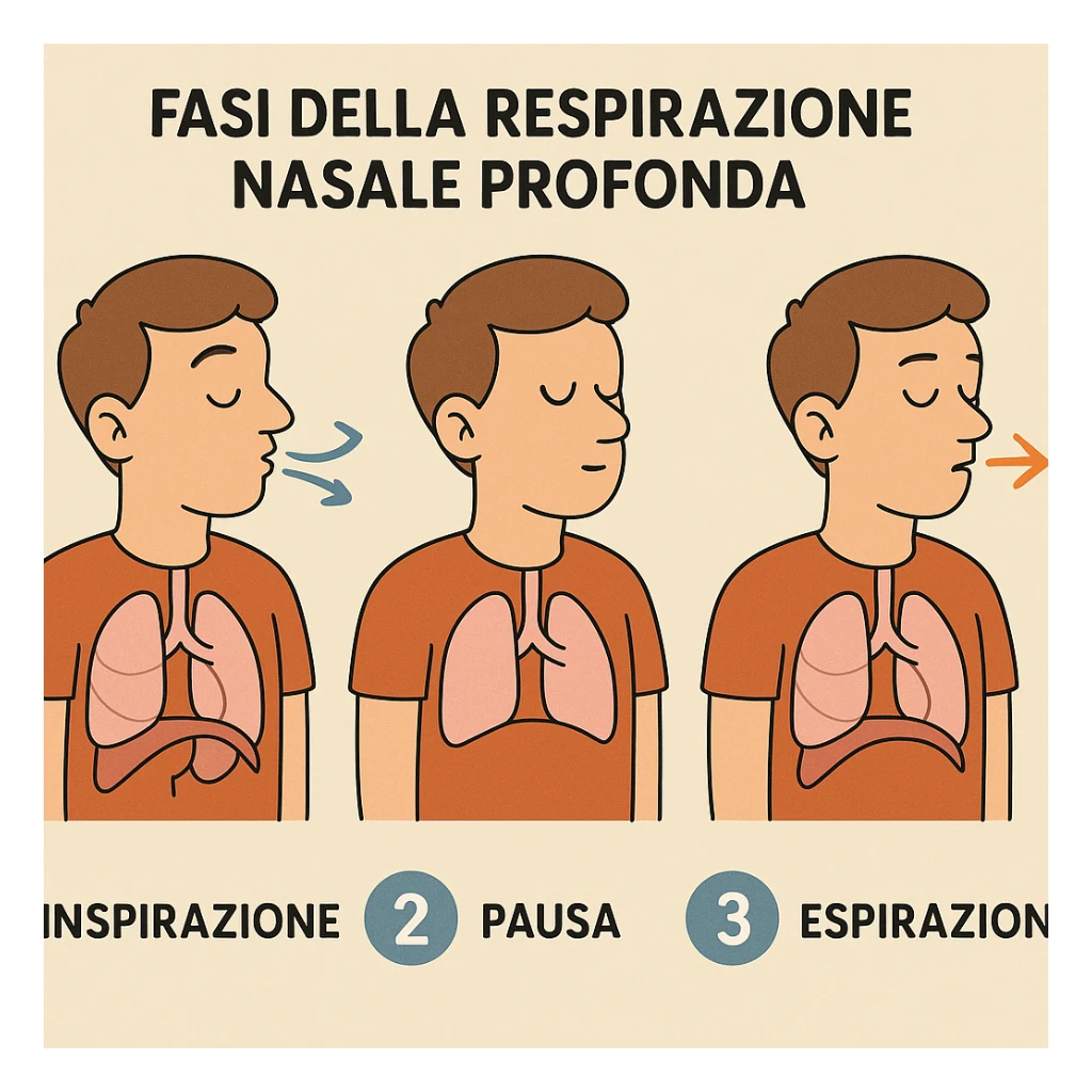 animated educational diagram showing sequence of deep nasal breathing phases (inhalation, pause, exhalation) with numbered steps, caption in Italian sticker