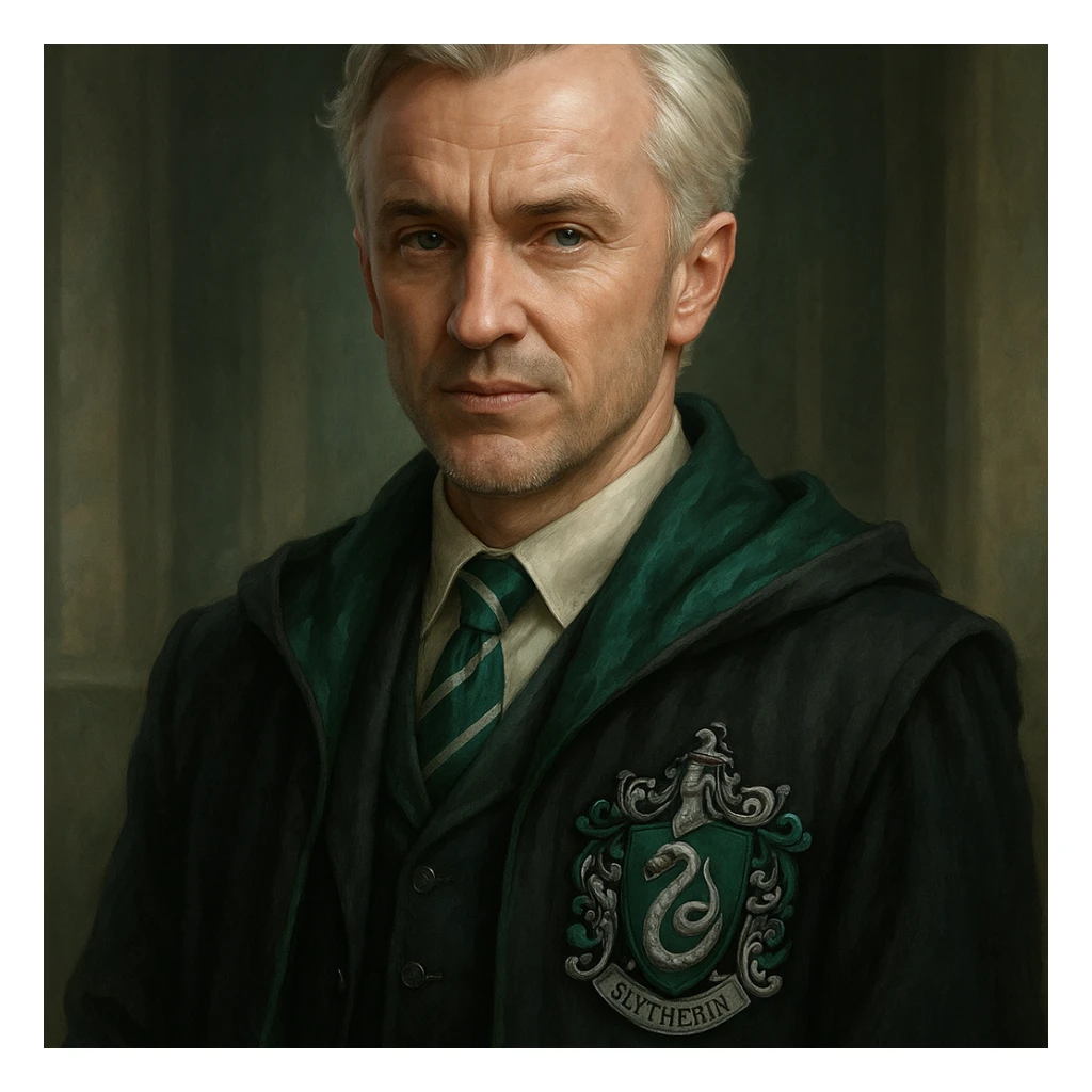 37-year-old Draco Malfoy, confident expression, silver hair, Slytherin colors, fantasy character sticker