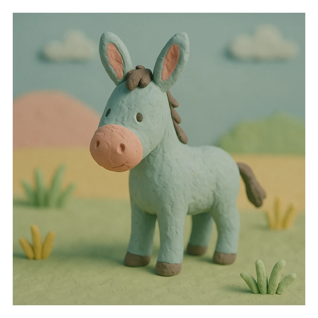 donkey standing in a field, pastel colors, visible fingerprints, playful and textured, claymation style sticker