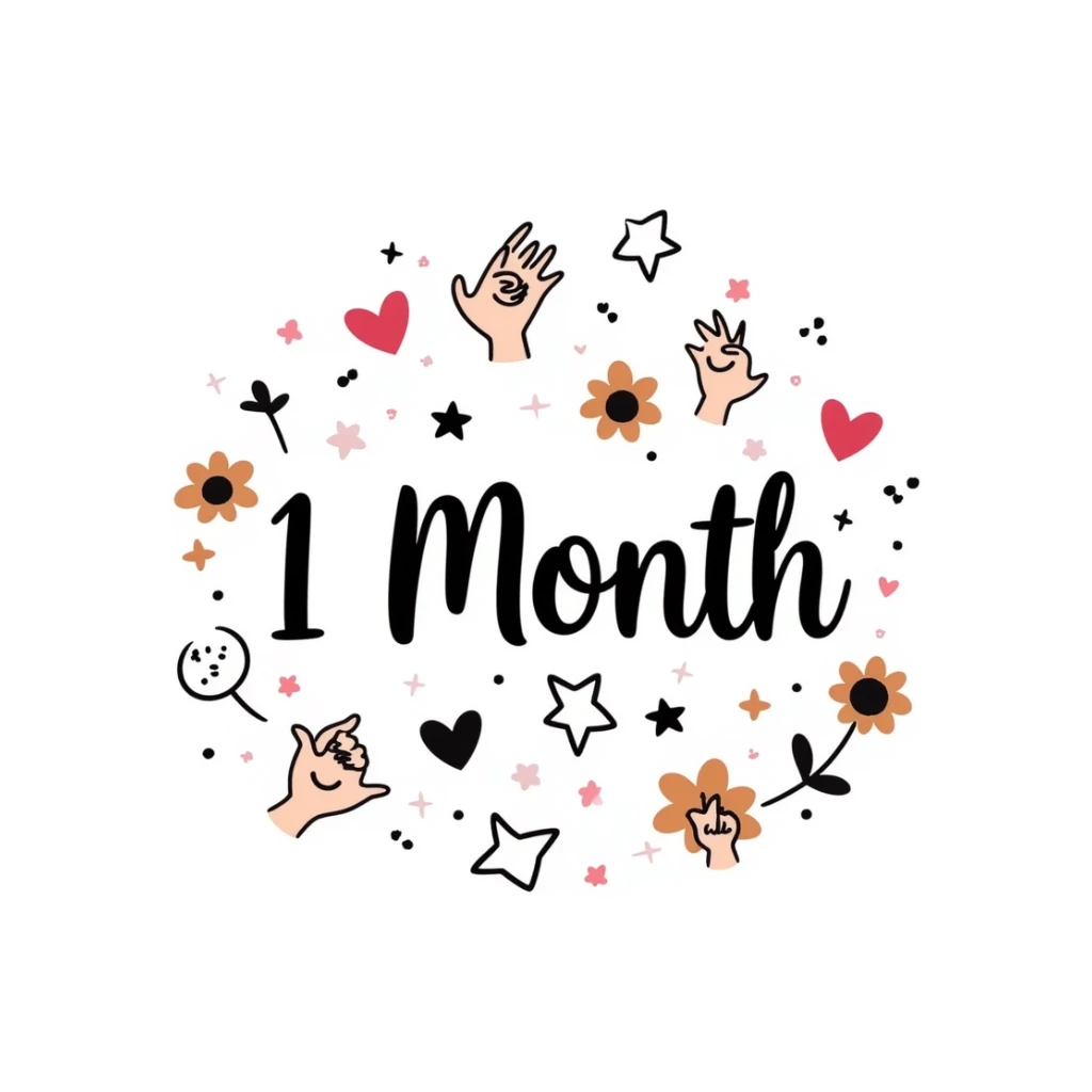 A cute pastel celebration design with sparkles and hearts, featuring "1 Month" in elegant handwriting, surrounded by friendship symbols like stars, pinky promise hands, smiling faces, and flowers. Warm and magical like a scrapbook memory collage for celebrating friendship. sticker