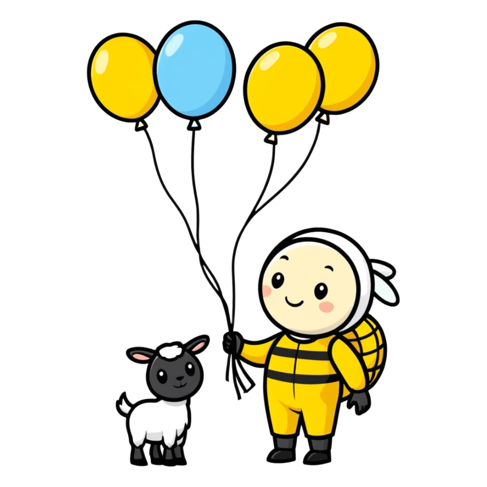 A bee keeper with balloons and goat  sticker