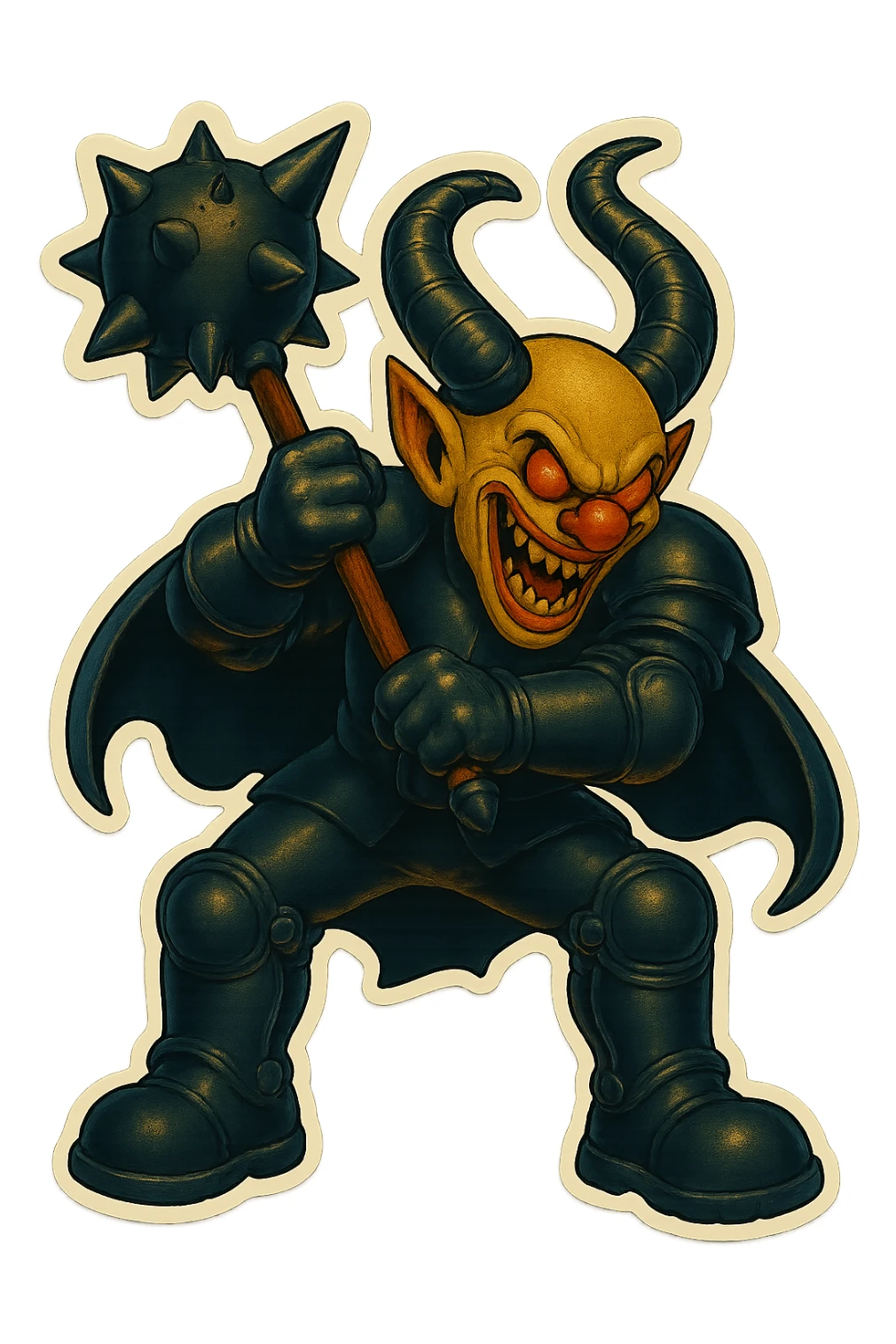 A menacing armored clown with ram horns, holding a mace with an oversized spiked head, wearing a short cape and glossy black on matte black armor, with large but not comically oversized black clown shoes, full body, vibrant retro stickers style, no yellow aged tint, glowing gold-red eyes, transparent background. sticker