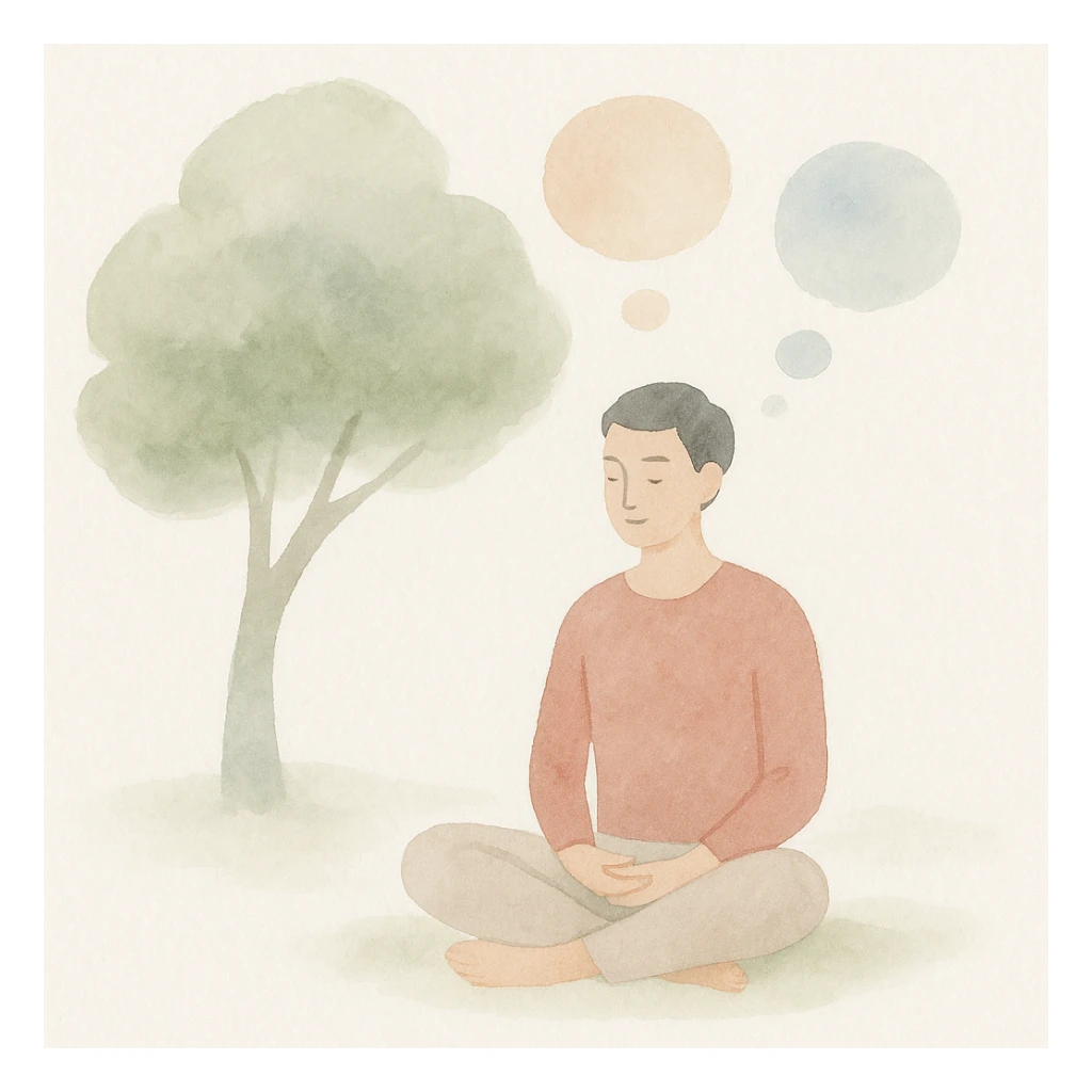 person meditating under a tree with floating thought bubbles in watercolor art style sticker
