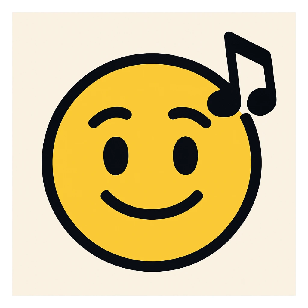 Adjust the emoji style to match the Rednote app emoji style exactly: flat, rounded expressive face, yellow and black colors, musical note accent, no 3D or shading. sticker
