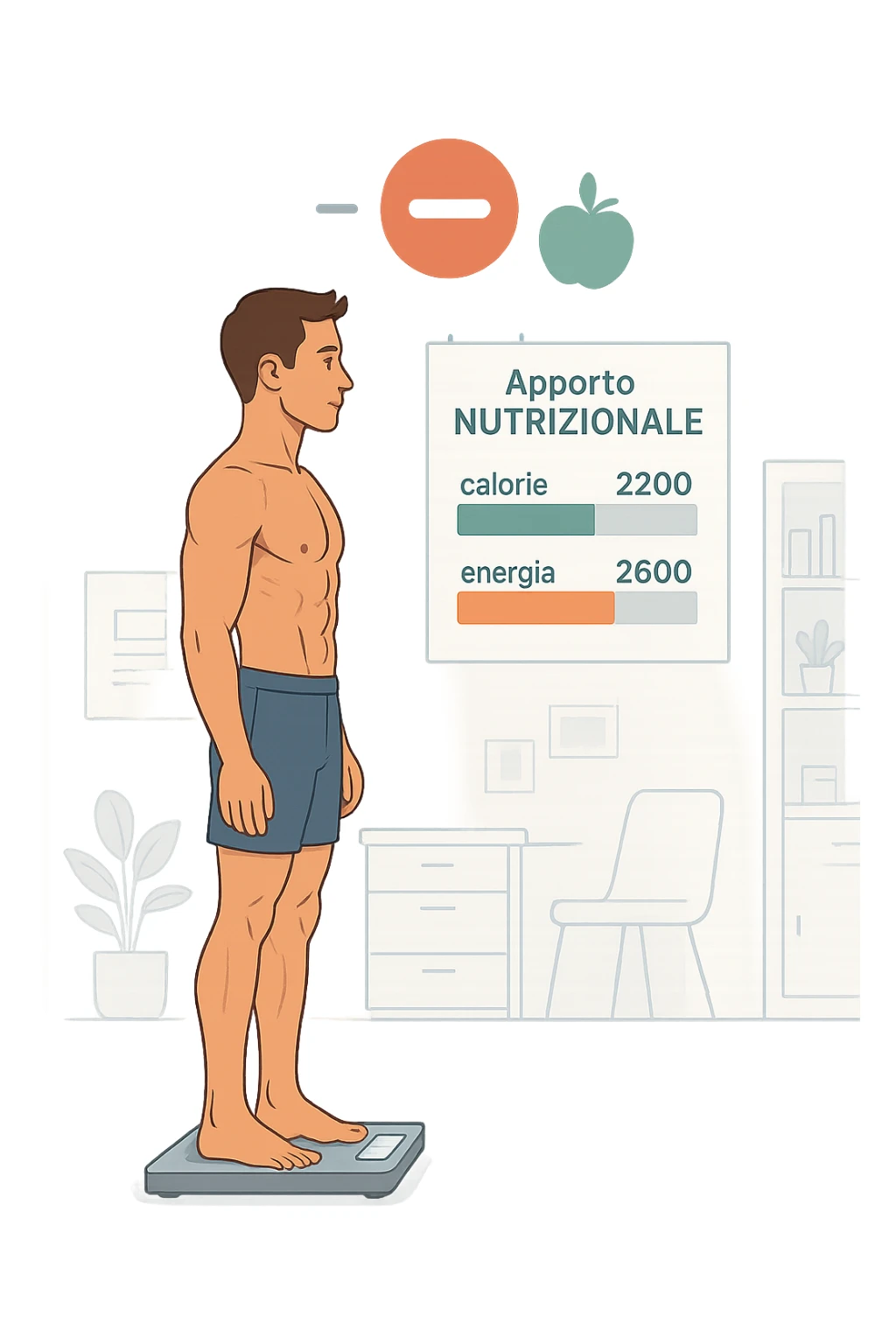 a man stands on a digital scale, looking at a nutrition chart that shows his daily calorie intake is lower than his energy expenditure. Floating icons above his head display a negative calorie balance, and his body appears slightly leaner, with visible muscle definition. The background is a modern clinic, emphasizing the concept of caloric deficit. scritto in italiano sticker