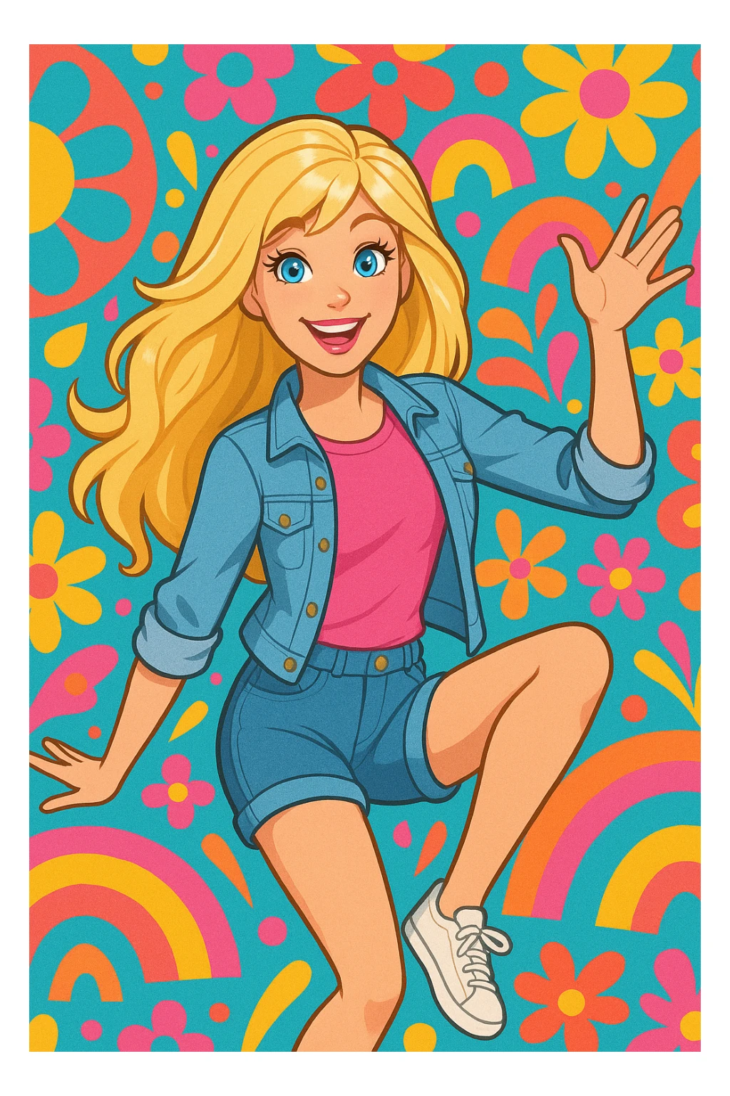 blonde Barbie, casual clothes, playful pose, bright and colorful background sticker