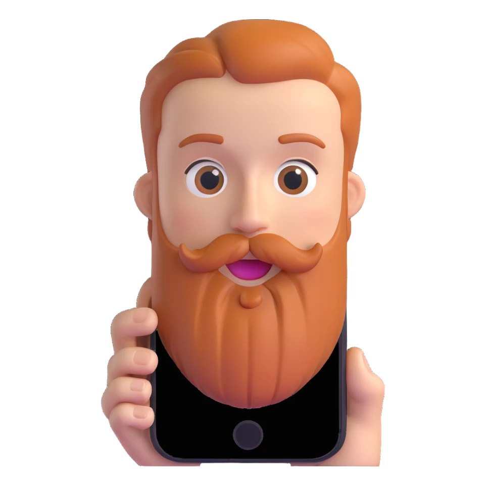 bold man with beard speaking on an iPhone, animoji style, expressive face, 3D look sticker