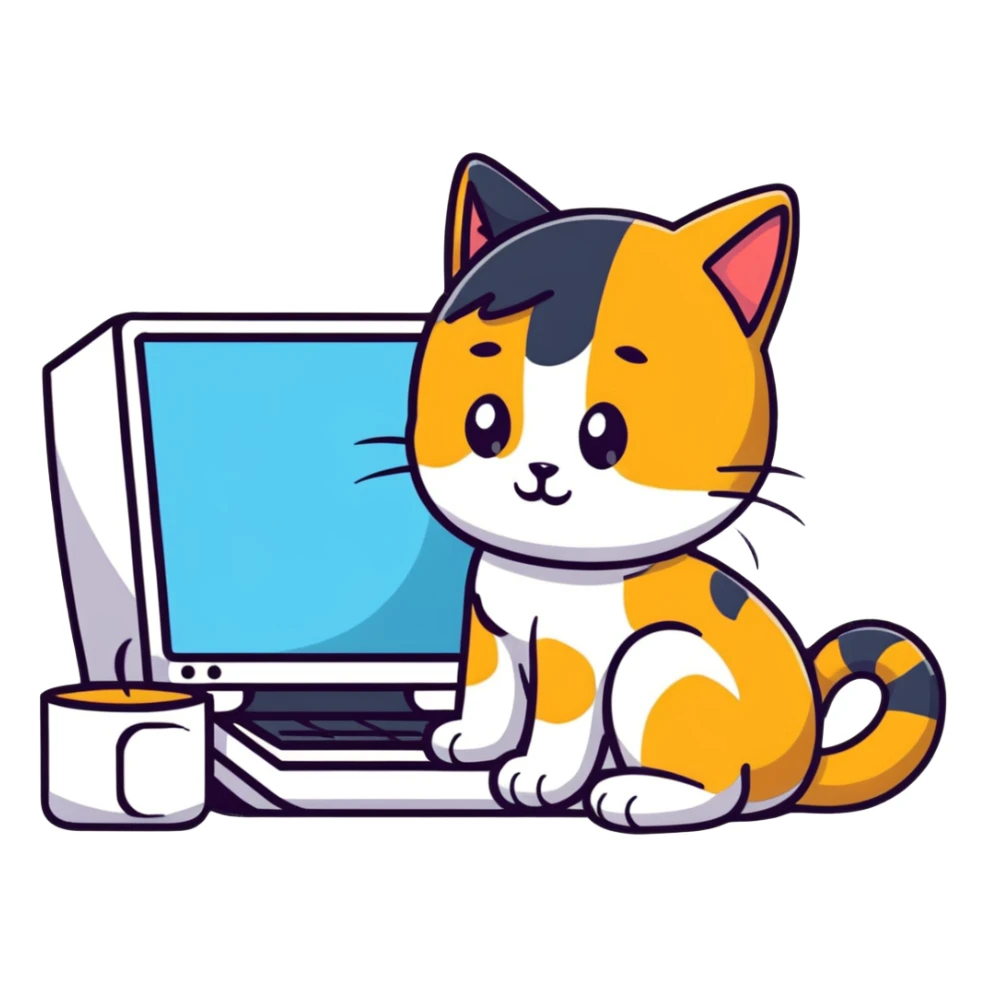 a girl working at a computer with a cat curled up next to the computer sticker