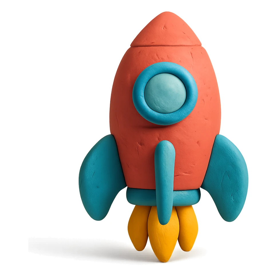 rocket ship, matte finish, playful colors, matte plasticine claymation style sticker