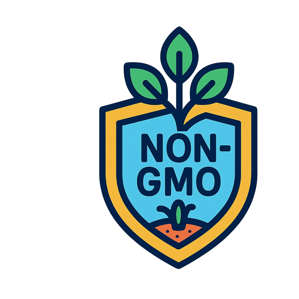 NON-GMO icon, modern and vibrant, includes a plant and a shield, colorful sticker