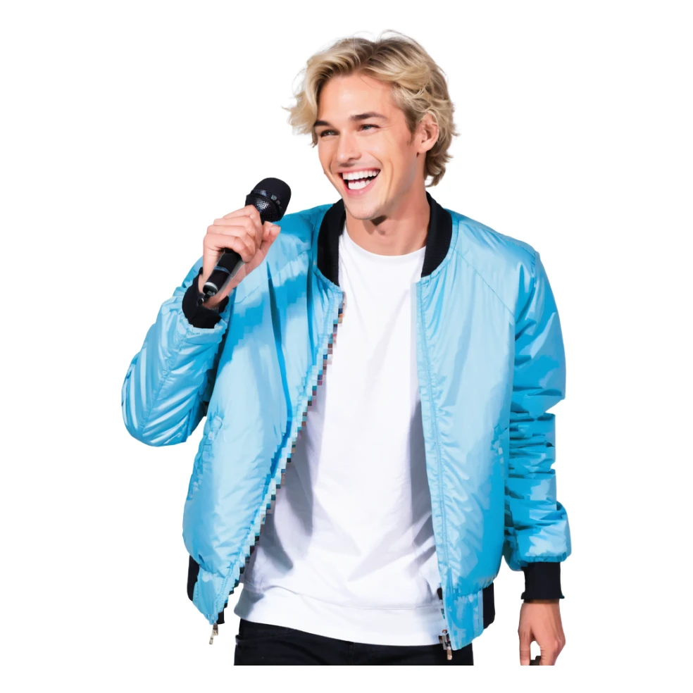 Pixel art style, expressive male performer, Caucasian features, short sandy blonde hair, lively eyes, wide cheerful smile, wearing a sky blue jacket over white tee, tossing a microphone in one hand, waist-up, front-facing sticker
