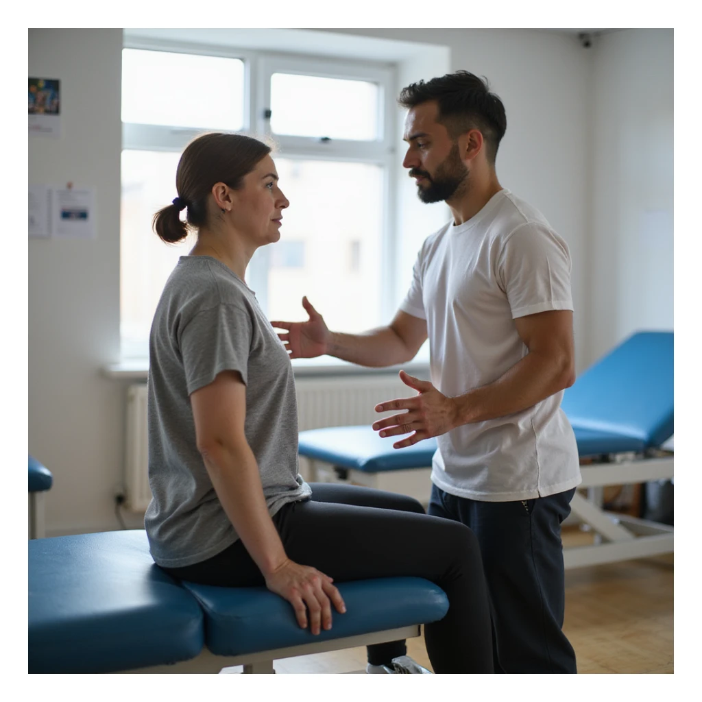 realistic image of a patient in a rehabilitation gym, therapeutic exercise interrupted due to unsuitable clinical conditions, physiotherapist advising caution, clinical details, professional environment sticker