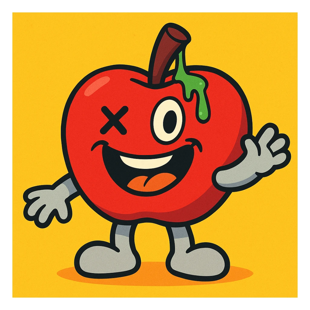 Appleton the Apple plush apple toon character, vibrant toon style, light grey arms and legs, left eye is an X, ichor leaking from the stem without leaf, wide happy grin sticker