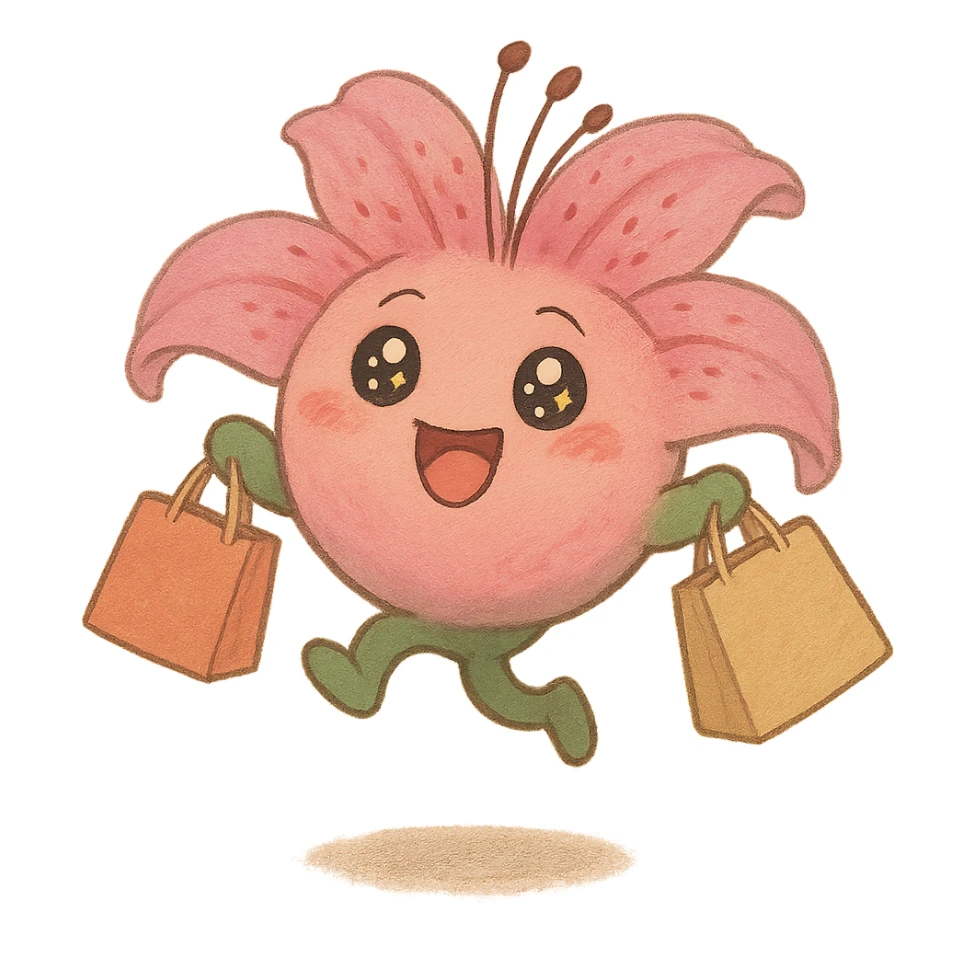 pastel magenta lily flower with sparkling eyes and open mouth, jumping with joy while holding shopping bags, round and bouncy, soft ghibli style sticker
