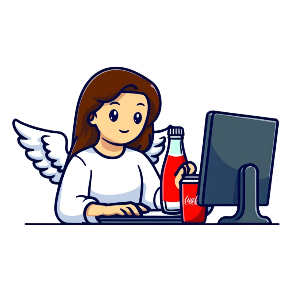 Female angel with long brown hair working at a computer with a Coke  sticker