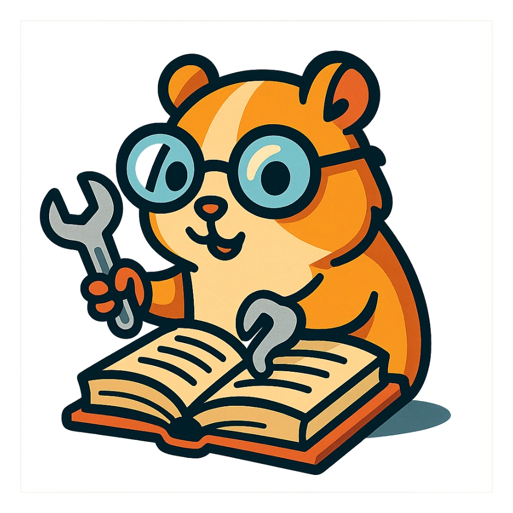 studious guinea pig with glasses, holding a wrench and fixing a book, vibrant toon style sticker