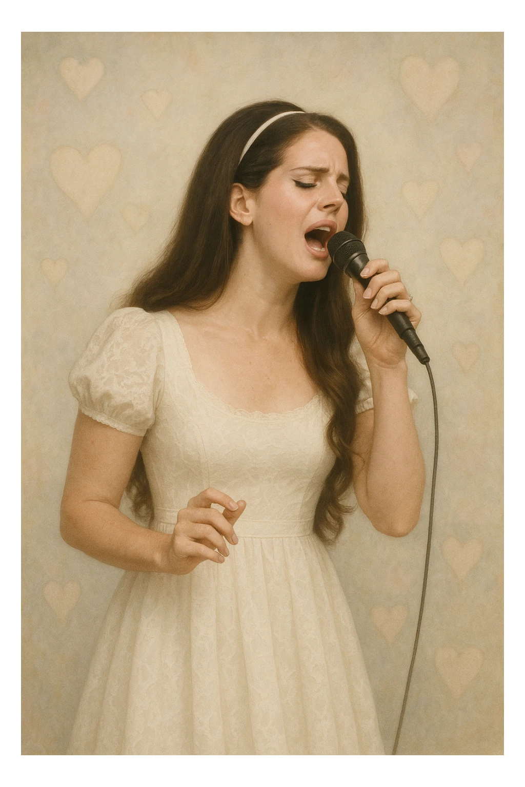 Lana Del Rey in a white dress, mid-performance, singing passionately into a microphone, subtle heart-shaped motifs in the background, ethereal and vintage style, gentle color palette sticker