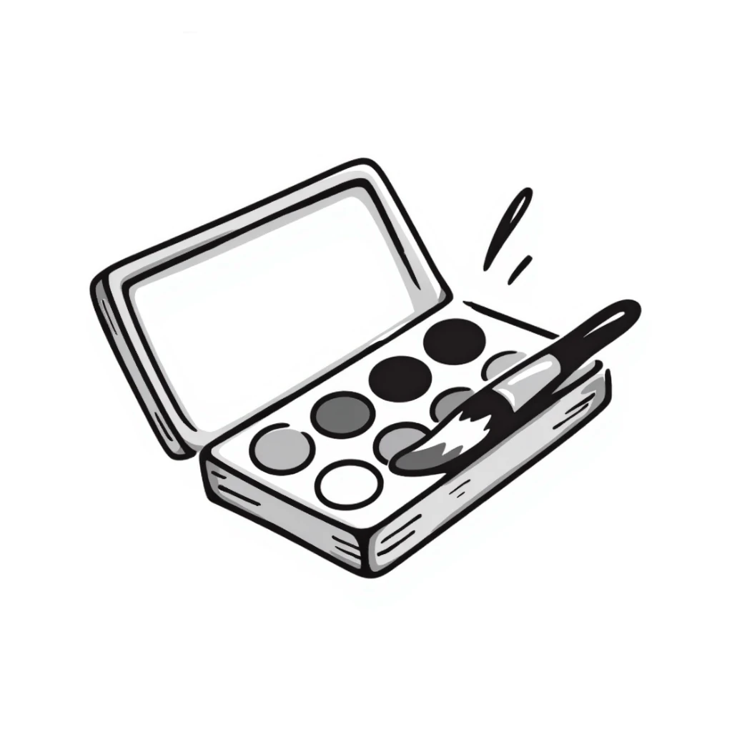 A watercolor paint box with paintbrush and color wells in pastel colors (dd9fb0, ffc6d3, a3bfc9, c4bee2, f1b091), hand-drawn doodle style sticker