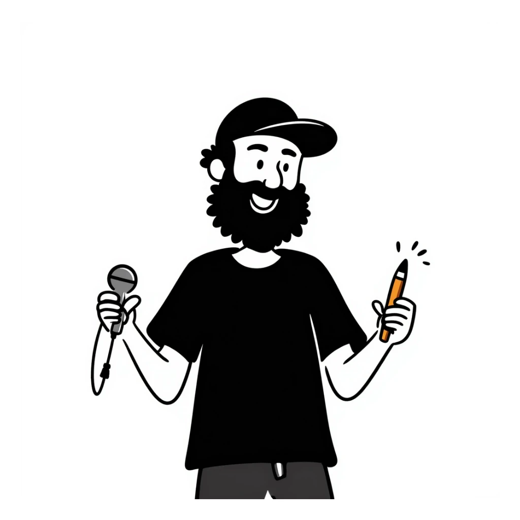mature hip-hop artist with full beard wearing backwards baseball cap, happy expression, holding mic in left hand and pencil in right hand sticker