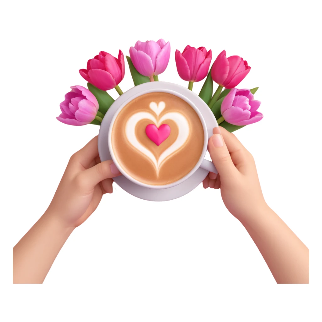 coffee cup with heart latte art, held by hands, pink tulip flowers arranged behind, soft pink watercolor background sticker