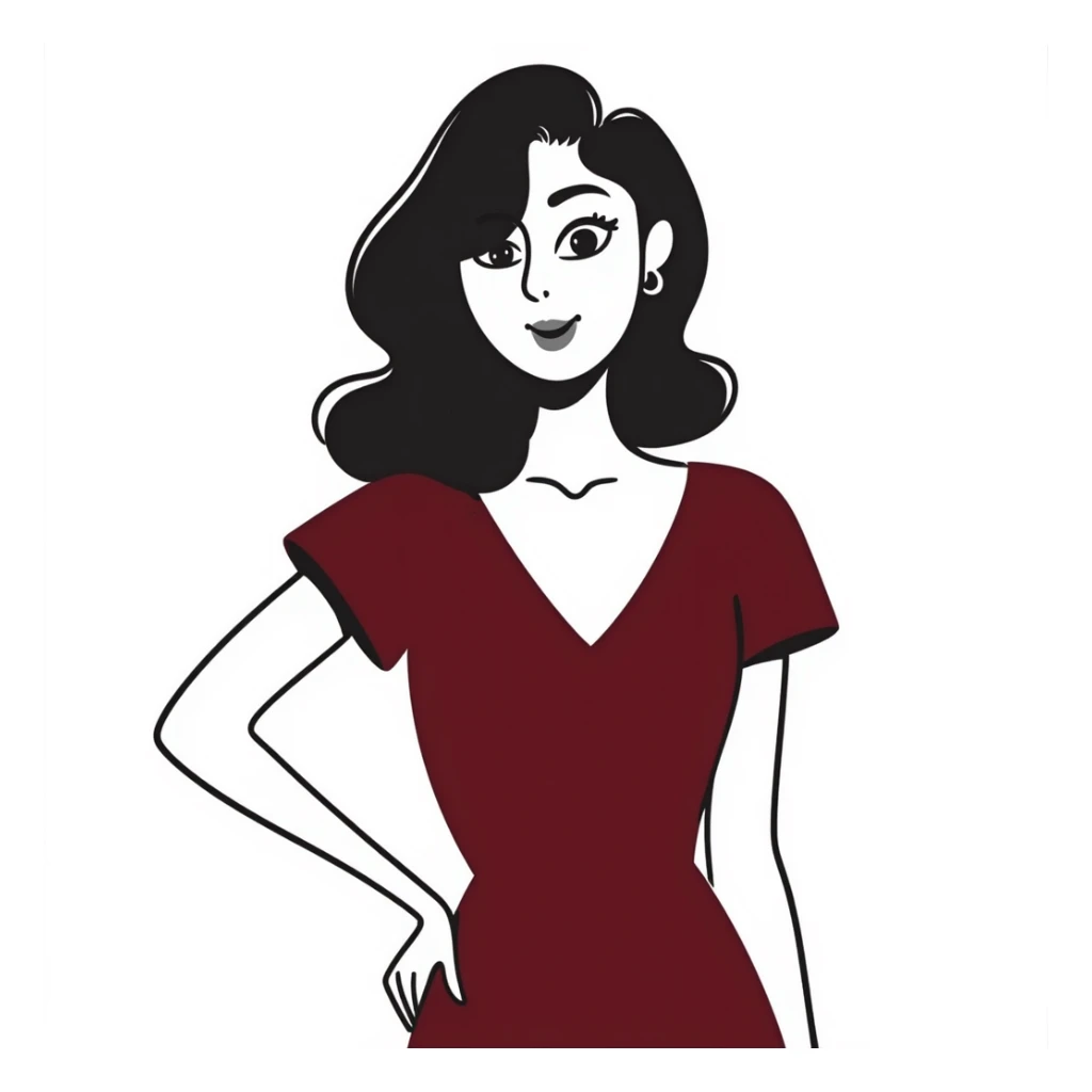 Sophisticated woman in her 30s with bright complexion, defined features, almond eyes with bold eyeliner and notable lashes, medium-thick eyebrows, straight elegant nose, thick bright red lips, voluminous dark straight hair with soft waves at ends, wine red velvet V-neck dress sticker
