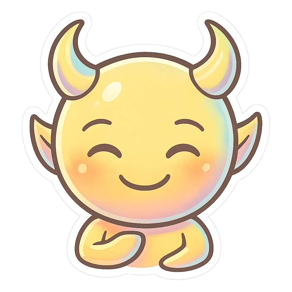 devil emoji, chibi style, holographic effect, iridescent pale yellow and peach, elegant horns, sweet smile sticker