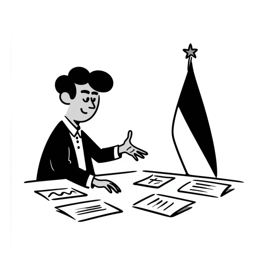 A diplomat negotiating at a conference table with documents and a flag sticker