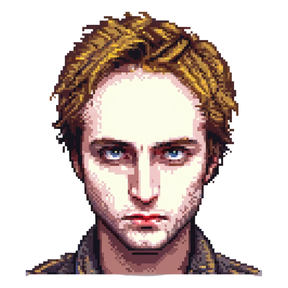 Pixel art version of Robert Pattinson, expressive eyes, defined jawline, simple color palette sticker