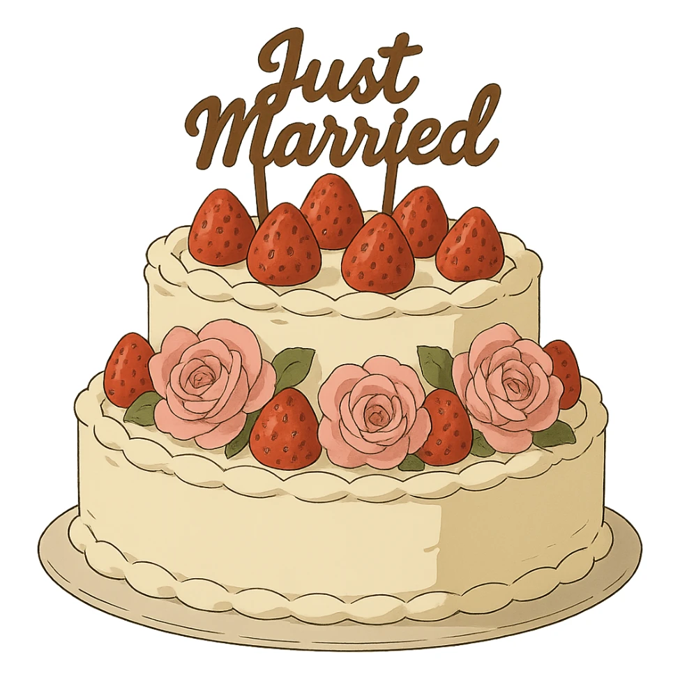 white wedding cake with strawberries, pink roses, 'Just Married' topper, ghibli style sticker