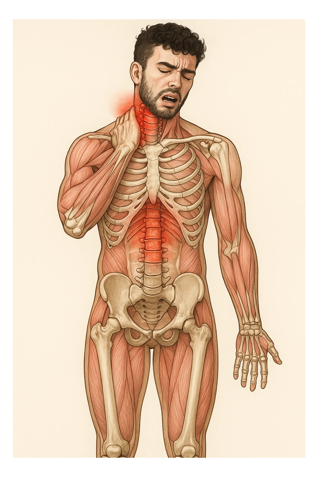 Uomo con dolore per infortunio vista anatomica in piedi con dolori cervicali sticker