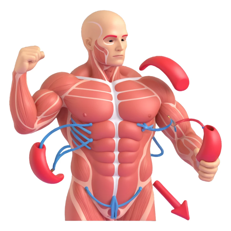 muscles with very low oxidative capacity, fat molecules around struggling to enter, realistic 3D style, anatomical details, transparency effect showing muscle fibers and molecules, red arrows indicating difficulty, clinical atmosphere, white background sticker