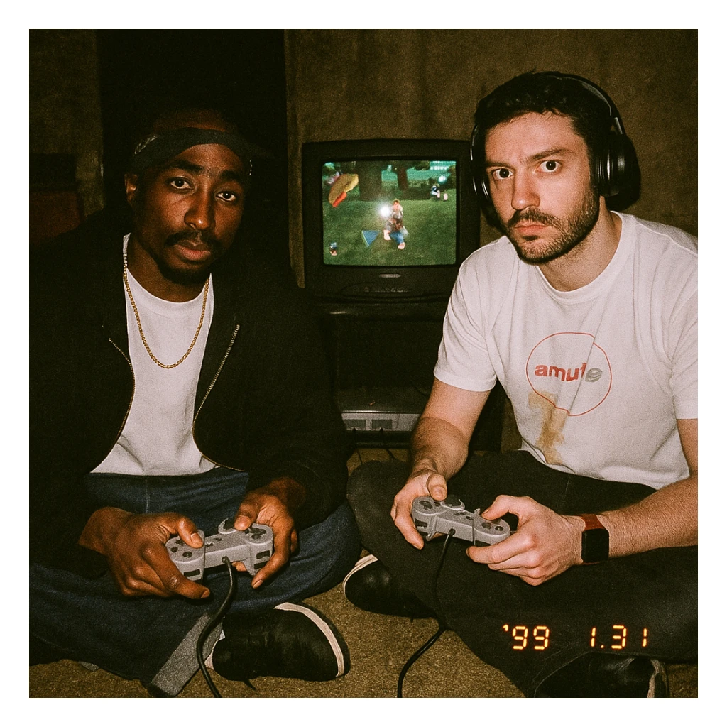 Create a grungy analog photo in 1999 style featuring a rapper in Tupac style (not recognizable) and the boy from the reference photo sitting on the floor. There is a 90s CRT TV with Ape Escape on Playstation 1 in a dimly lit room. Both hold Playstation 1 controllers and look at the camera with flash, creating a retro atmosphere. sticker