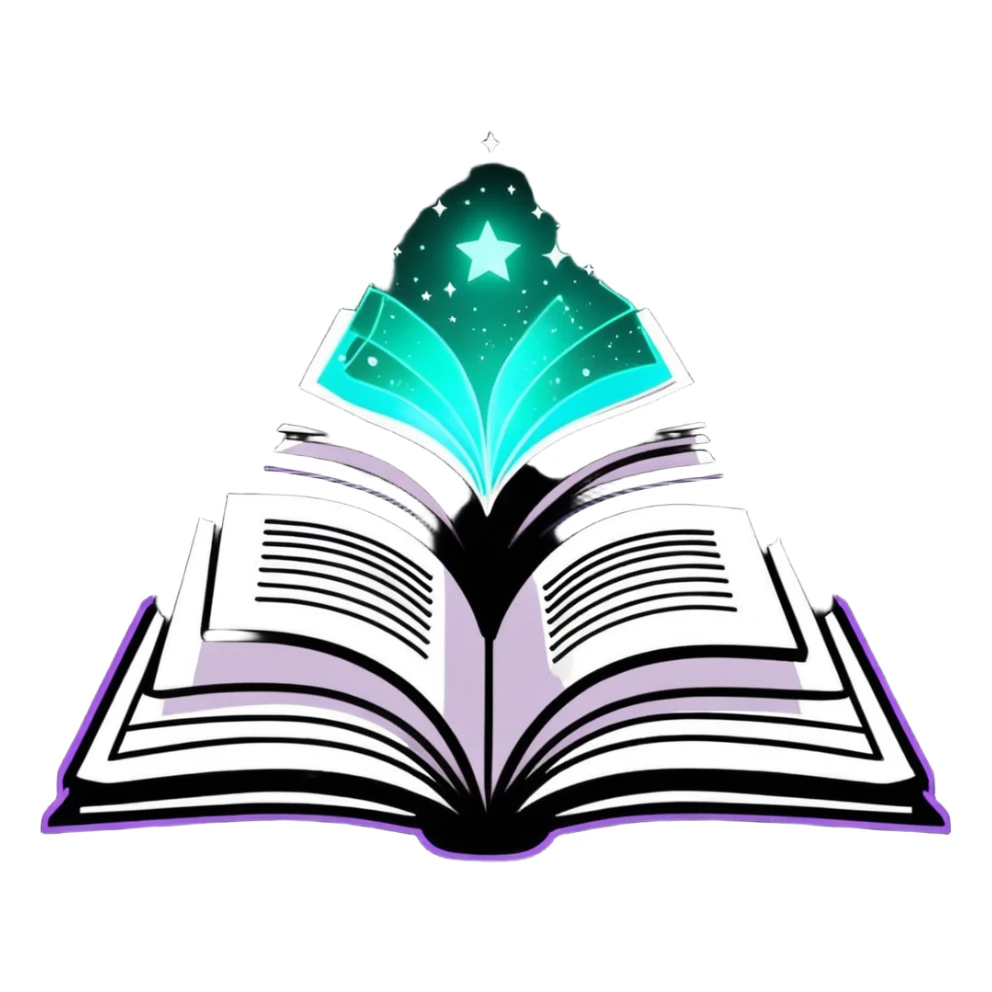 Open book with magical words and glowing sparkles floating above it sticker