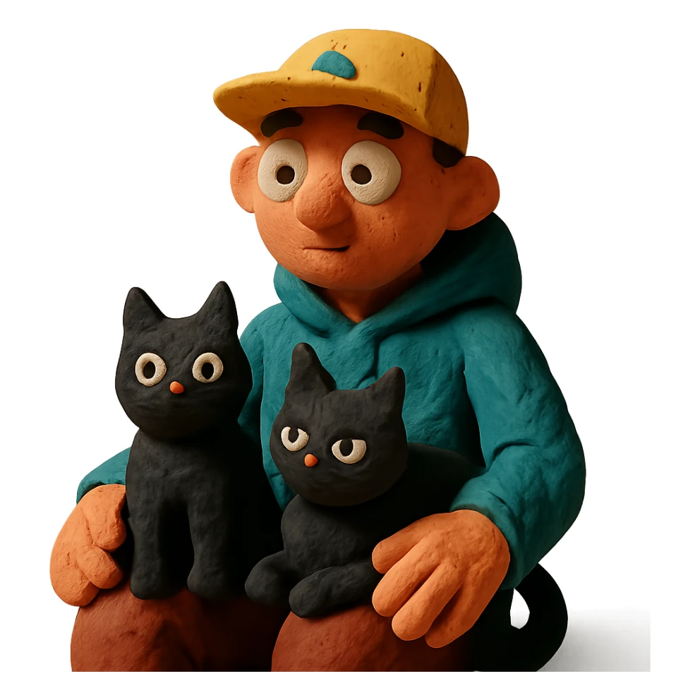 guy with a cap and hoodie, two black cats on his lap sticker