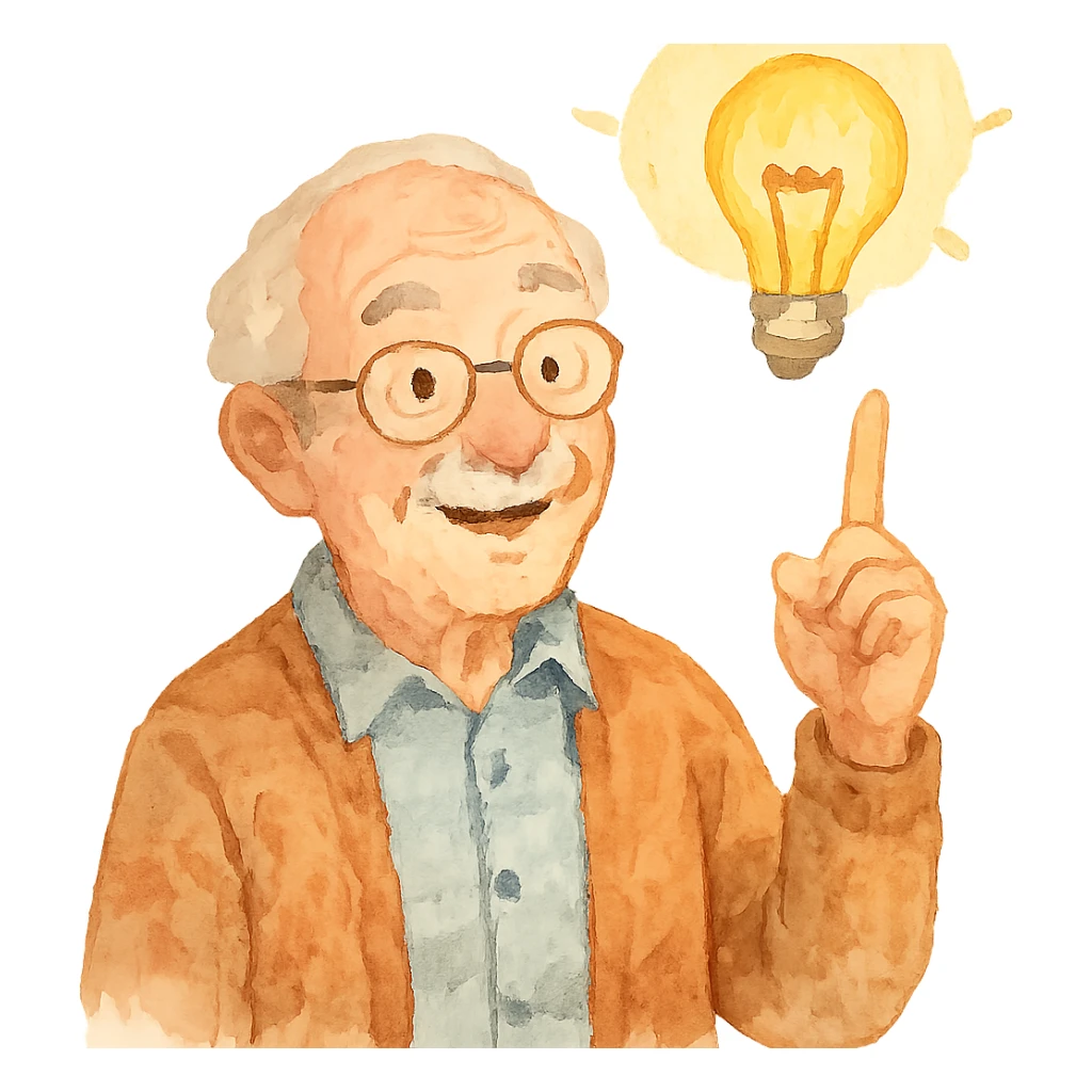 watercolor style elderly man pointing his finger up at a light bulb, pretending that he has an idea sticker