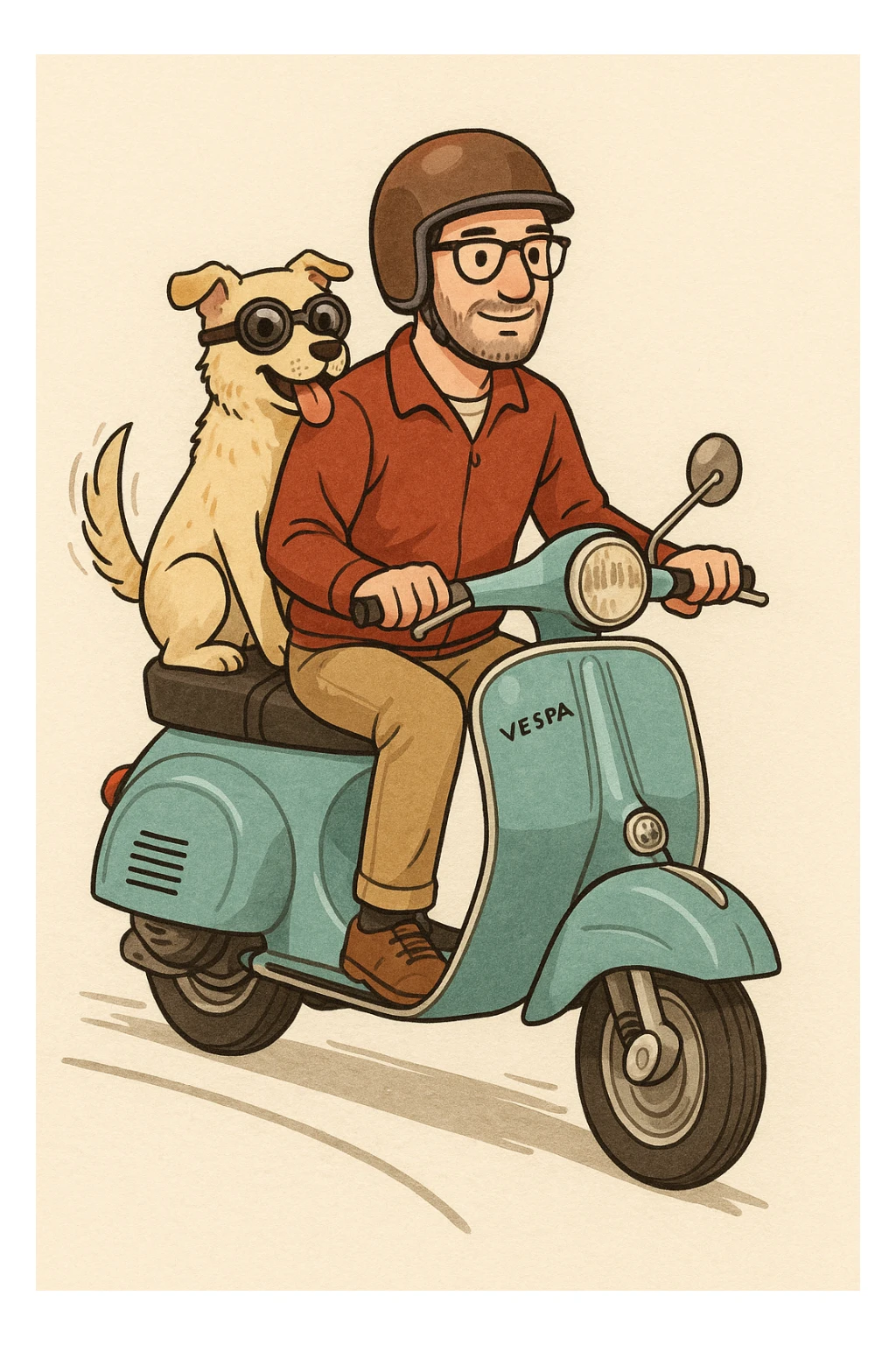 man and his pet dog riding a vespa sticker