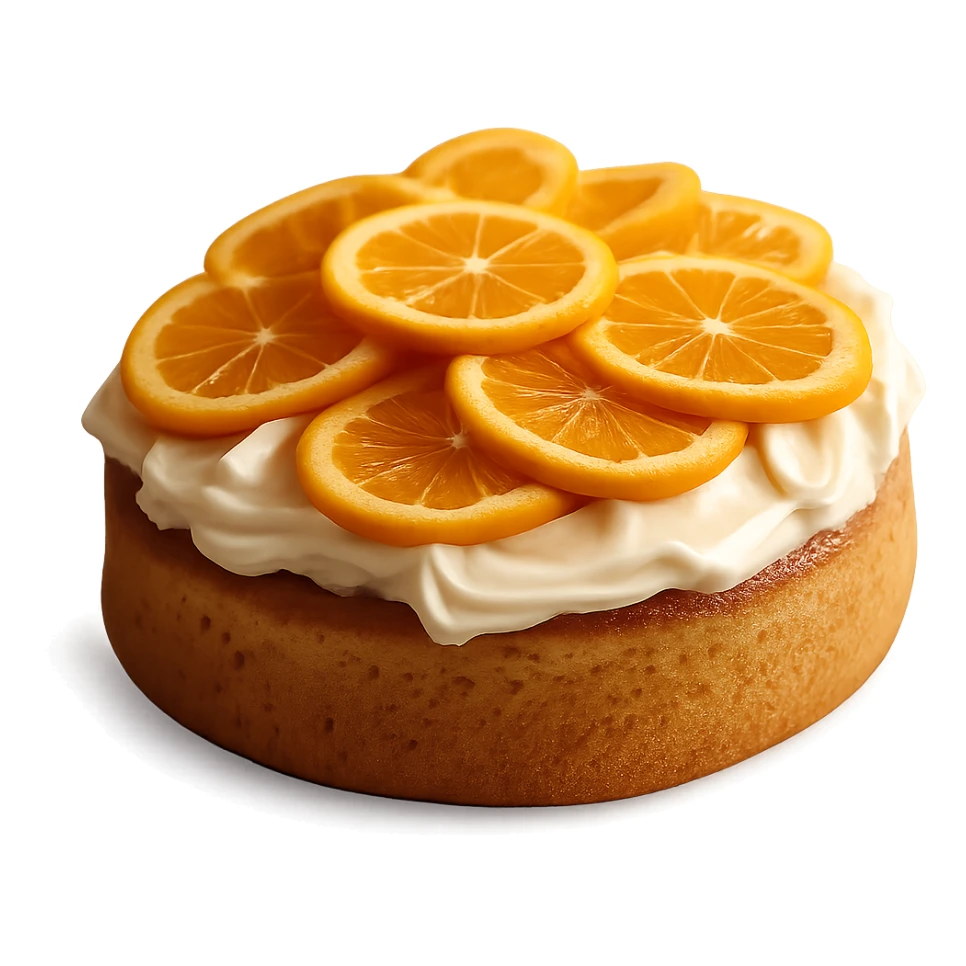 Remove the background, keep only the realistic round cake with orange frosting and candied orange slices, photorealistic style, transparent background. sticker