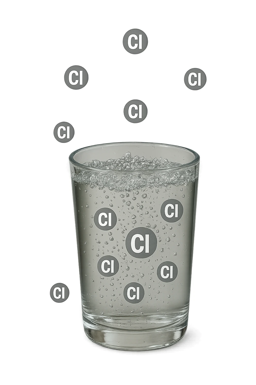 un bicchiere di acqua cade verticalmente dall'alto realistico e dettagliato, dentro l'acqua del bicchiere ci sono particelle di cloro ben visibili con la scritta "Cl" sopra, ci sono particelle anche che escono dal bicchiere e fluttuano in aria verticalmente, mentre alcune sono all'interno dell'acqua nel bicchiere, iperrealistico 4k sticker